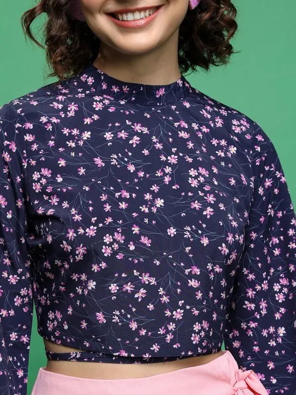 Tokyo Talkies Women Blue Printed Bardot Top