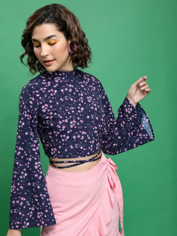 Tokyo Talkies Women Blue Printed Bardot Top