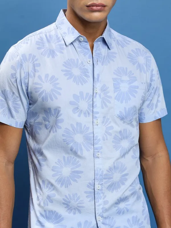  Highlander Men Blue Printed Slim Fit Casual Shirts