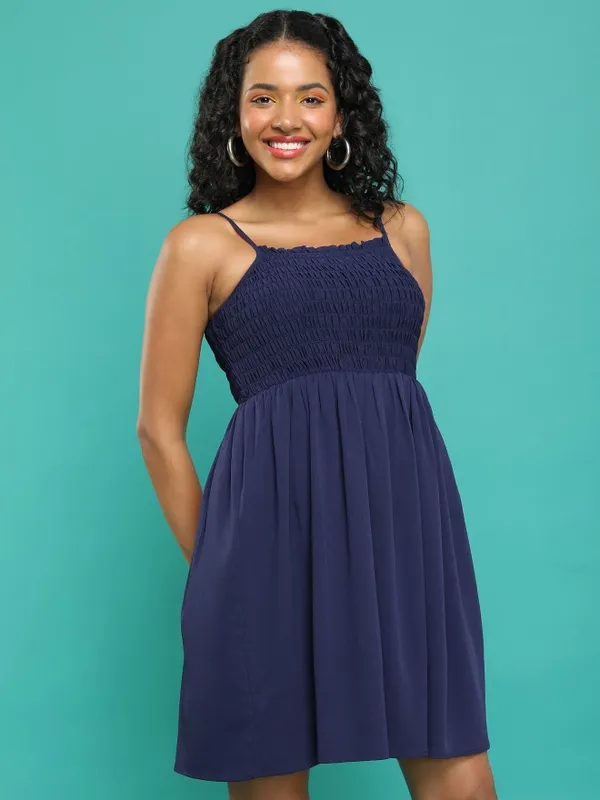 Tokyo Talkies Women Navy Blue Solid Fit And Flare Dress