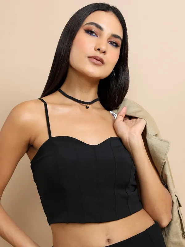  Tokyo Talkies Women Green Self Design Bardot Tops