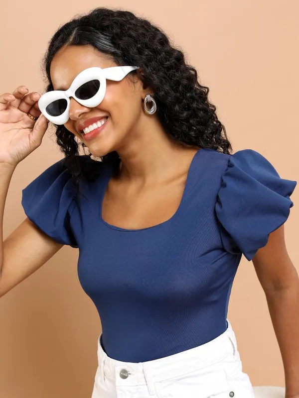 Tokyo Talkies Women Navy Blue Solid Fitted Top