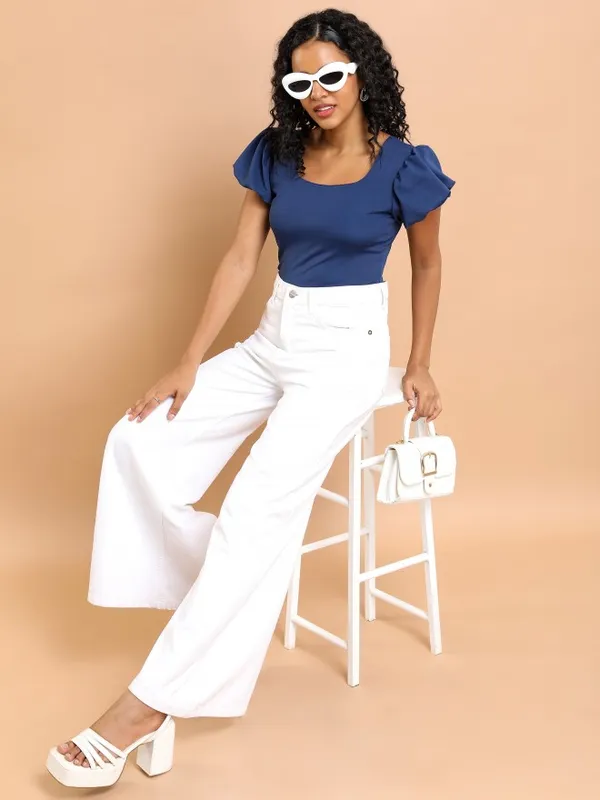 Tokyo Talkies Women Navy Blue Solid Fitted Top