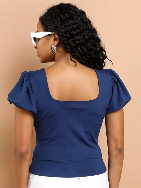 Tokyo Talkies Women Navy Blue Solid Fitted Top