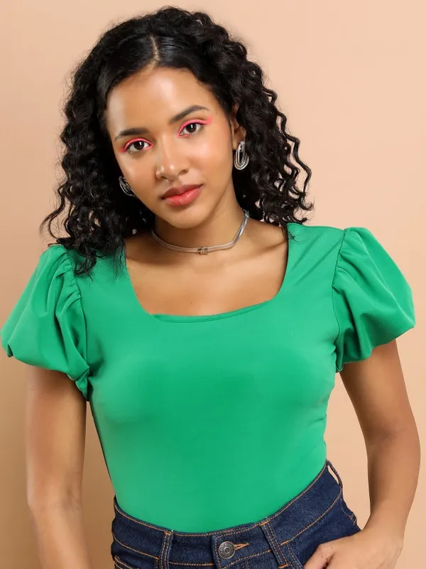 Tokyo Talkies Women Green Solid Fitted Top