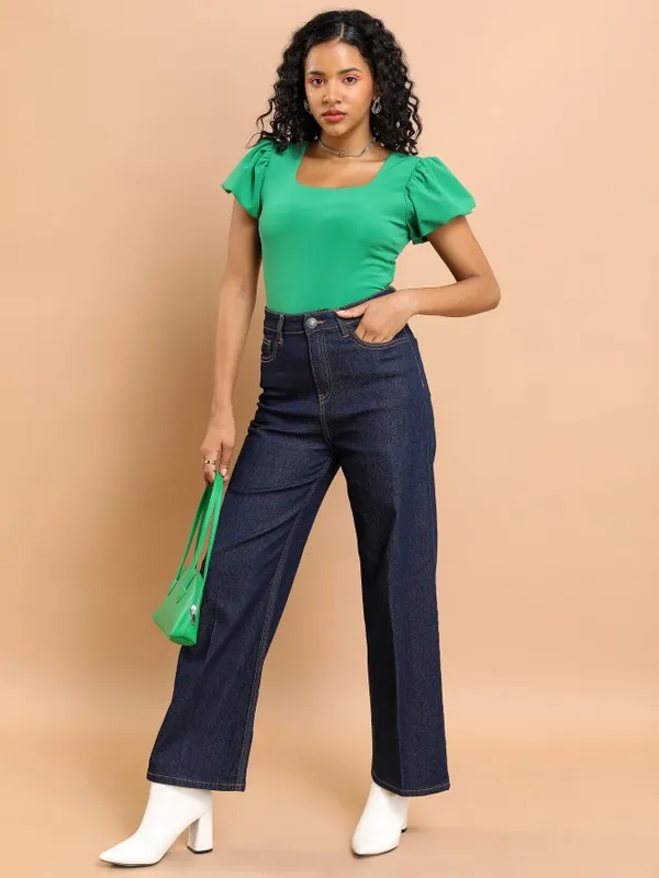 Tokyo Talkies Women Green Solid Fitted Top