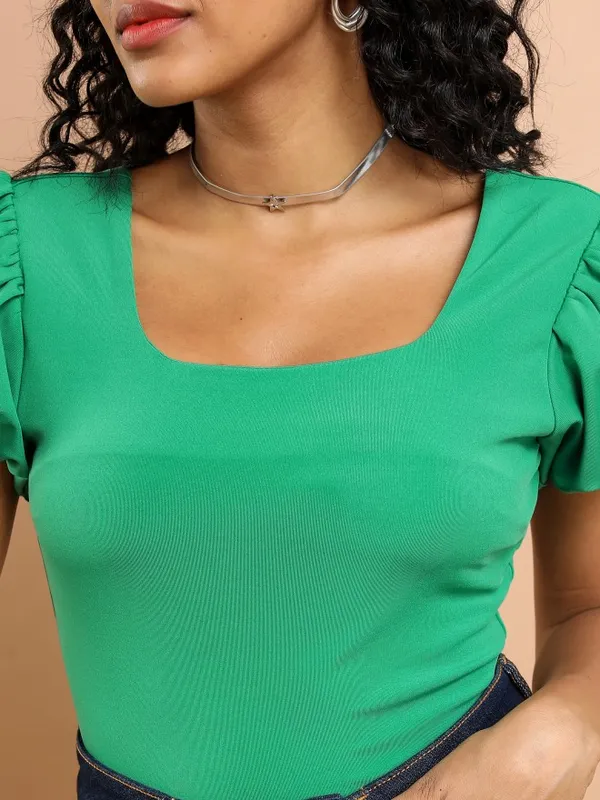 Tokyo Talkies Women Green Solid Fitted Top