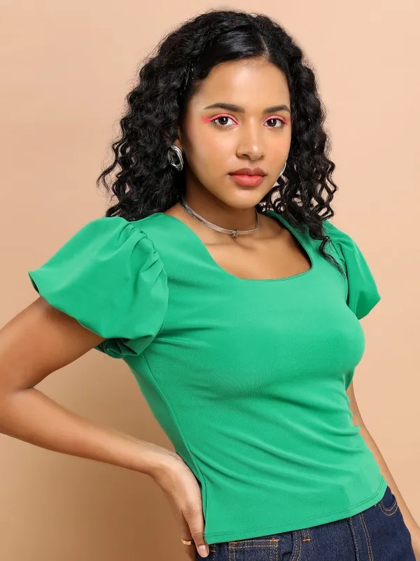 Tokyo Talkies Women Green Solid Fitted Top