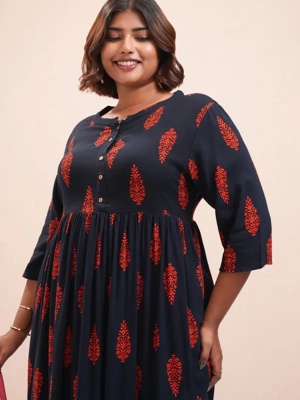 Vishudh Women Navy Blue Printed A-Line Kurta