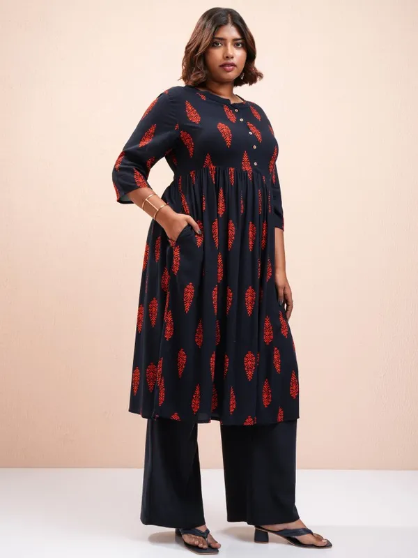 Vishudh Women Navy Blue Printed A-Line Kurta