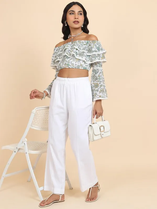 Tokyo Talkies Women White Printed Bardot Top