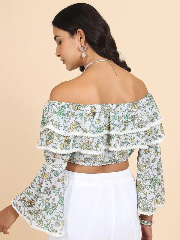 Tokyo Talkies Women White Printed Bardot Top