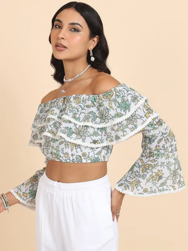 Tokyo Talkies Women White Printed Bardot Top