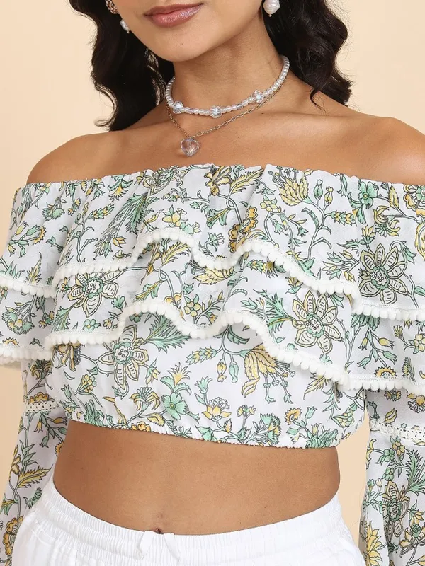 Tokyo Talkies Women White Printed Bardot Top