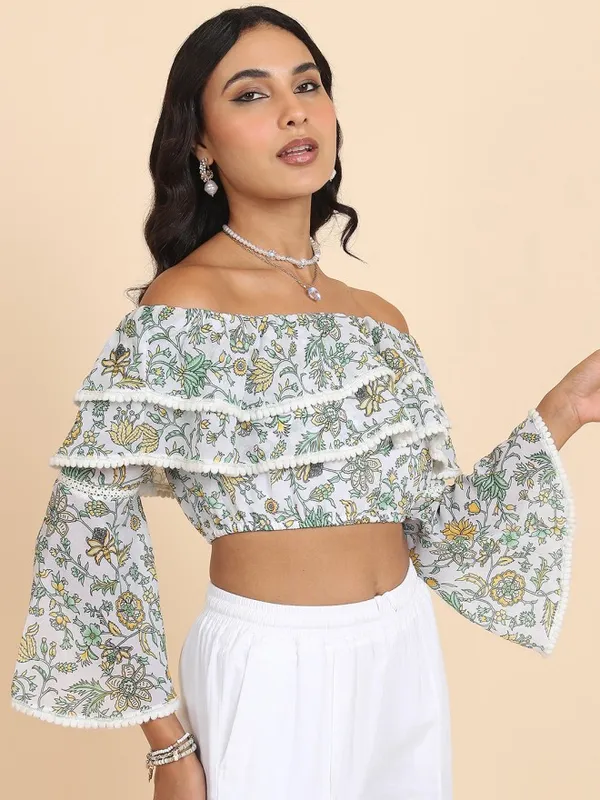 Tokyo Talkies Women White Printed Bardot Top