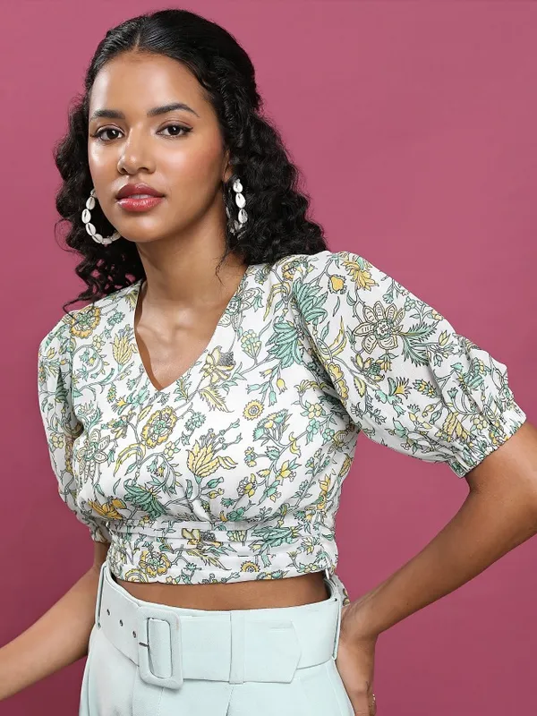 Tokyo Talkies Women Green Printed Blouson Top