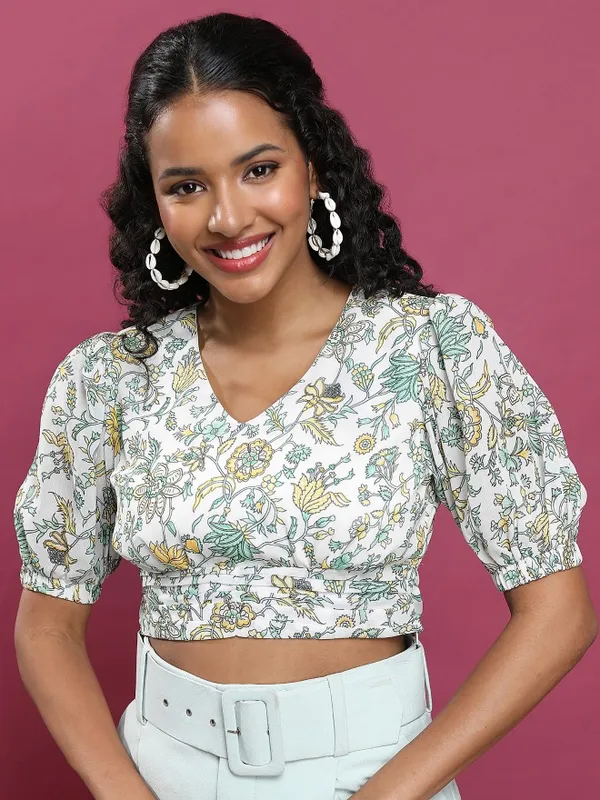 Tokyo Talkies Women Green Printed Blouson Top