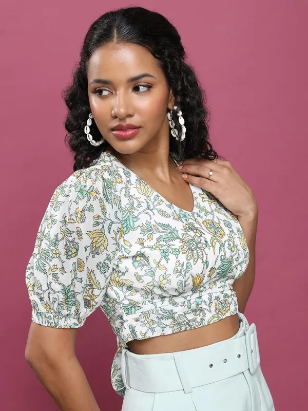 Tokyo Talkies Women Green Printed Blouson Top