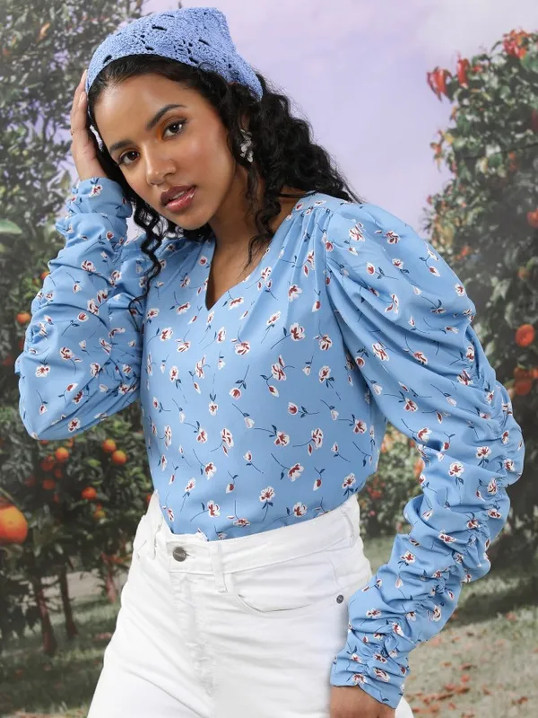 Tokyo Talkies Women Blue Printed Regular Top