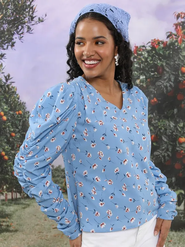 Tokyo Talkies Women Blue Printed Regular Top