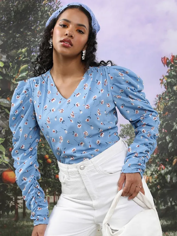 Tokyo Talkies Women Blue Printed Regular Top