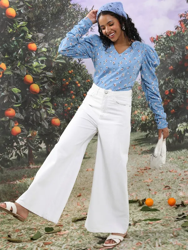 Tokyo Talkies Women Blue Printed Regular Top