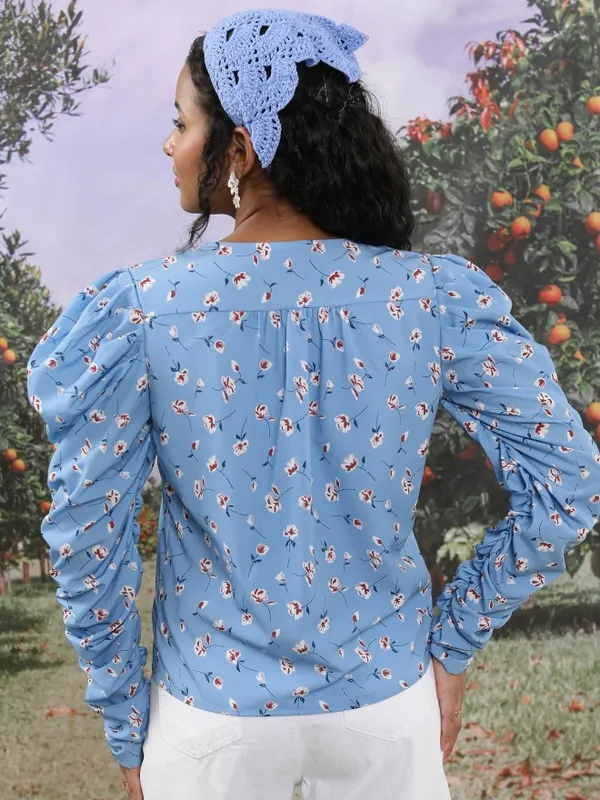 Tokyo Talkies Women Blue Printed Regular Top