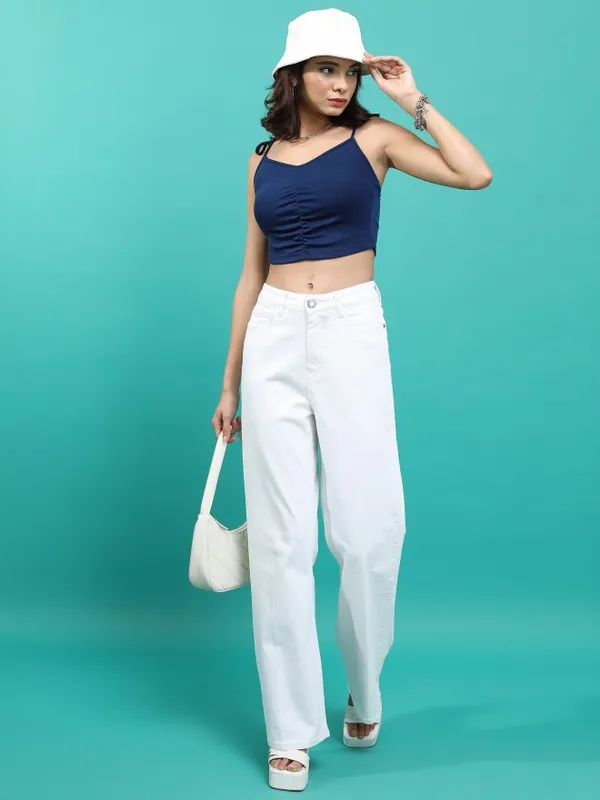  Tokyo Talkies Women Navy Blue Solid Fitted Tops