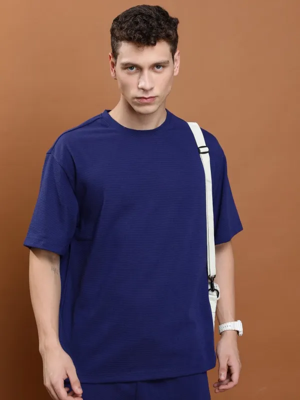  Ketch Men Navy Blue Solid Round Neck T-Shirts