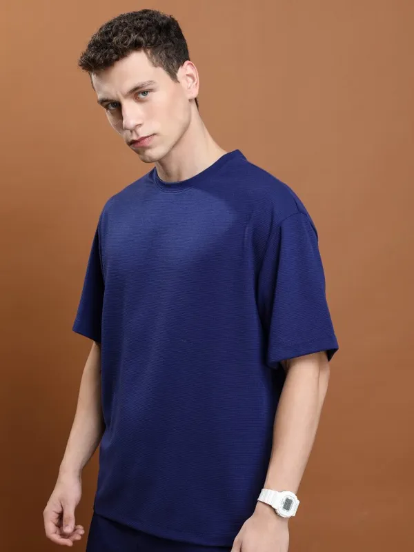 Ketch Men Navy Blue Solid Round Neck T-Shirts
