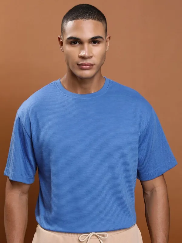 Ketch Men Blue Solid Round Neck Oversized Fit T-Shirt