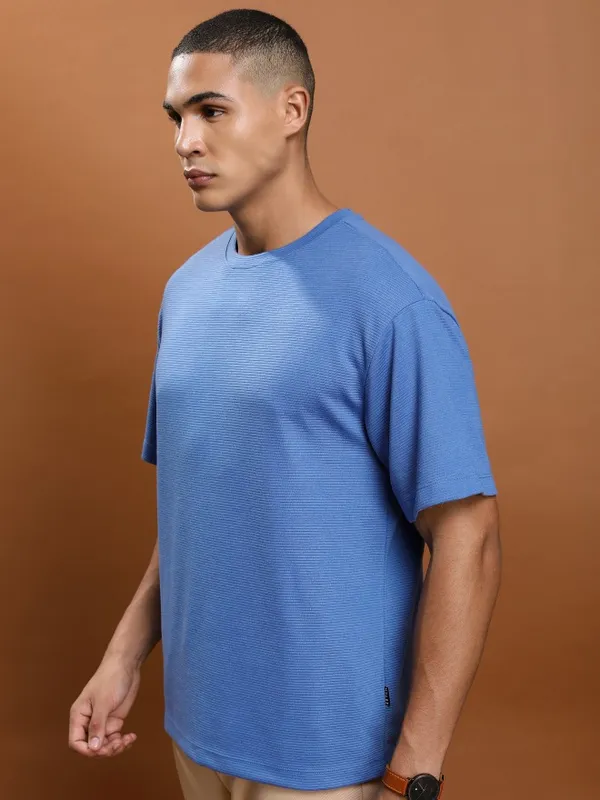 Ketch Men Blue Solid Round Neck Oversized Fit T-Shirt