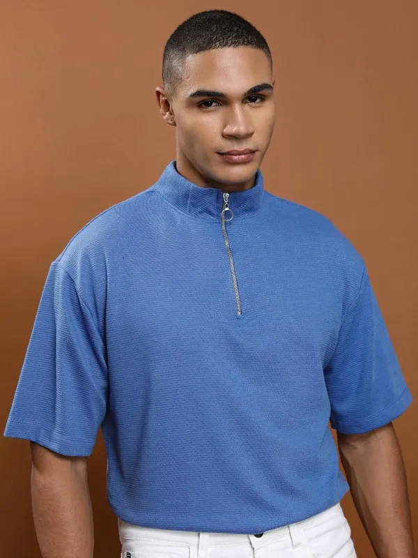 Ketch Men Blue Solid High Neck Oversized Fit T-Shirt