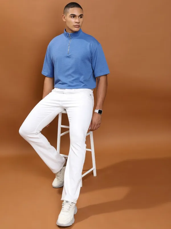 Ketch Men Blue Solid High Neck Oversized Fit T-Shirt