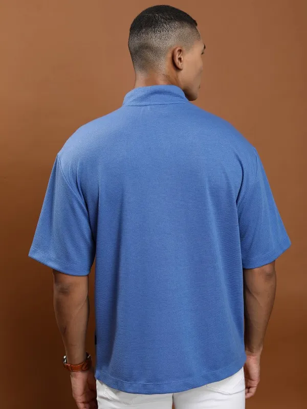 Ketch Men Blue Solid High Neck Oversized Fit T-Shirt