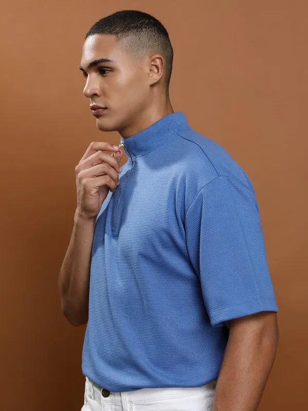 Ketch Men Blue Solid High Neck Oversized Fit T-Shirt