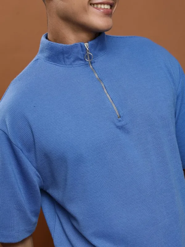 Ketch Men Blue Solid High Neck Oversized Fit T-Shirt