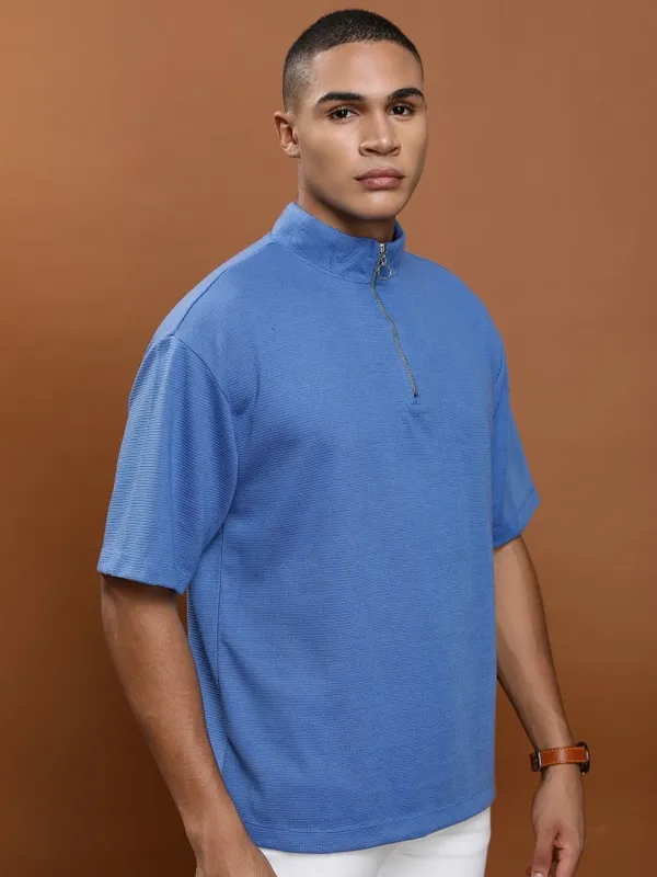 Ketch Men Blue Solid High Neck Oversized Fit T-Shirt