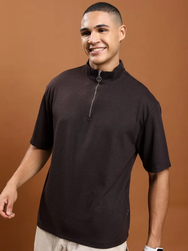  Ketch Men Brown Solid High Neck T-Shirts