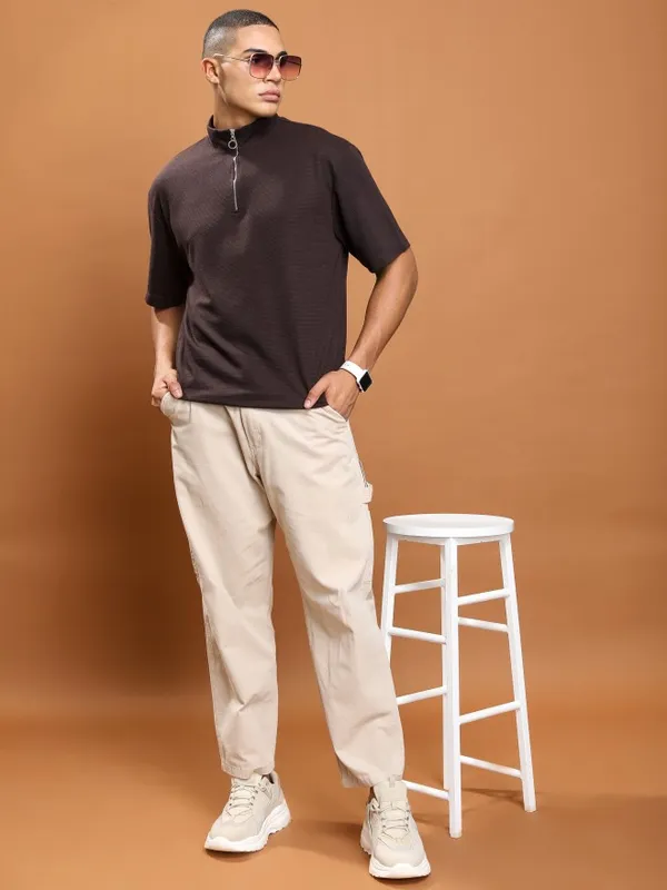  Ketch Men Brown Solid High Neck T-Shirts