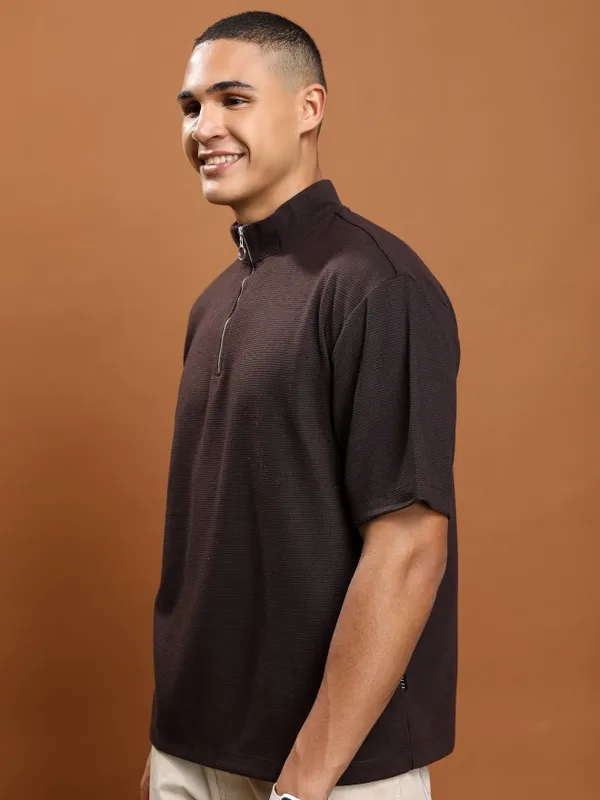  Ketch Men Brown Solid High Neck T-Shirts