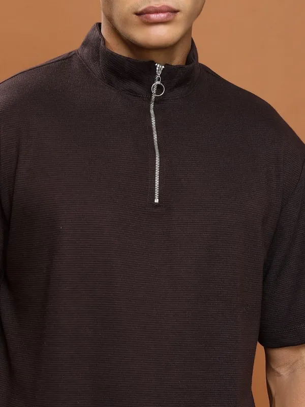  Ketch Men Brown Solid High Neck T-Shirts