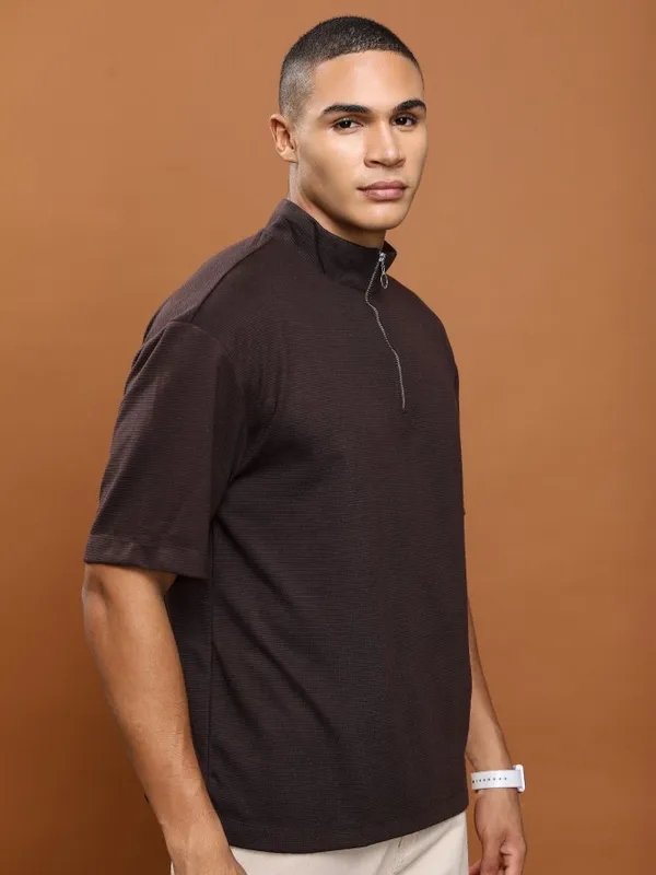  Ketch Men Brown Solid High Neck T-Shirts