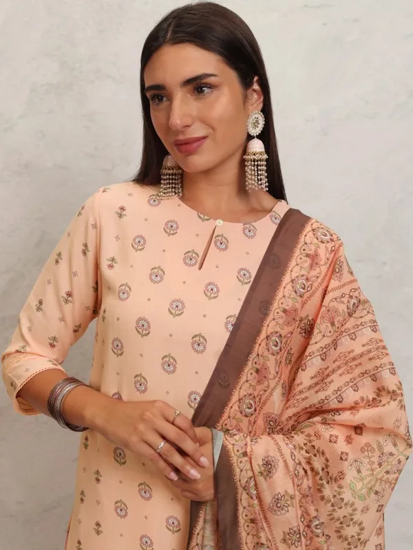 Ketch Women Peach Printed Kurta With Trouser And Dupatta