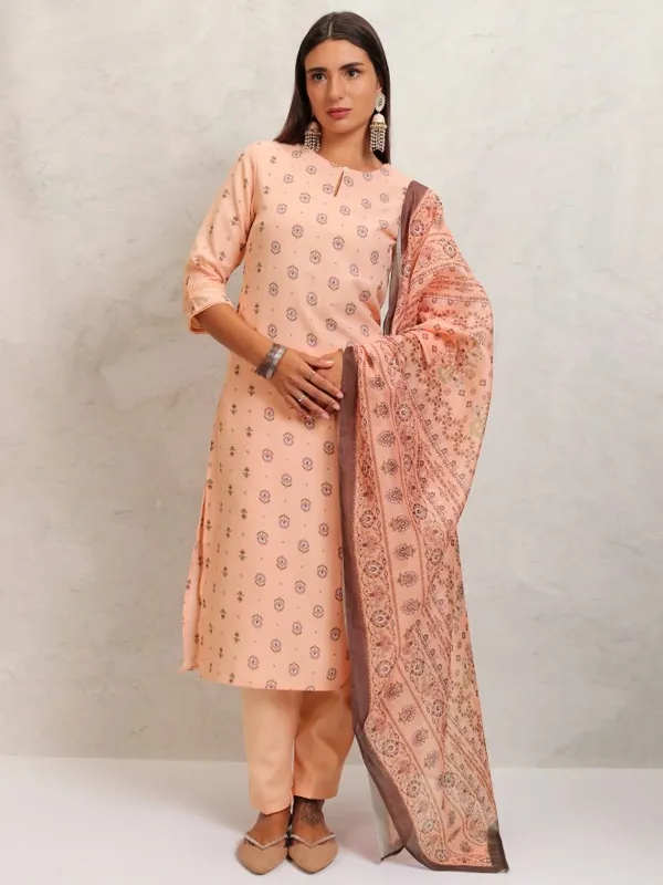 Ketch Women Peach Printed Kurta With Trouser And Dupatta