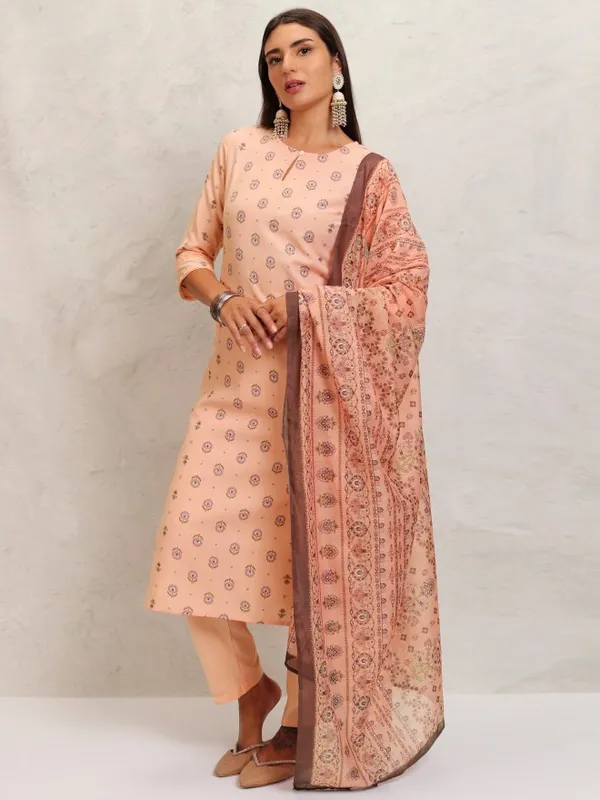 Ketch Women Peach Printed Kurta With Trouser And Dupatta