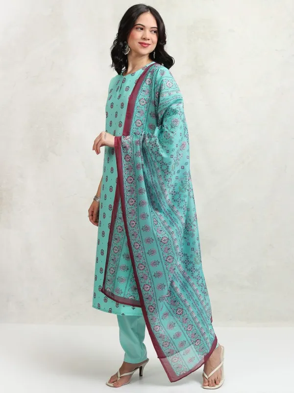 Ketch Women Blue Printed Kurta With Trousers And Dupatta
