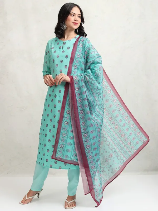 Ketch Women Blue Printed Kurta With Trousers And Dupatta