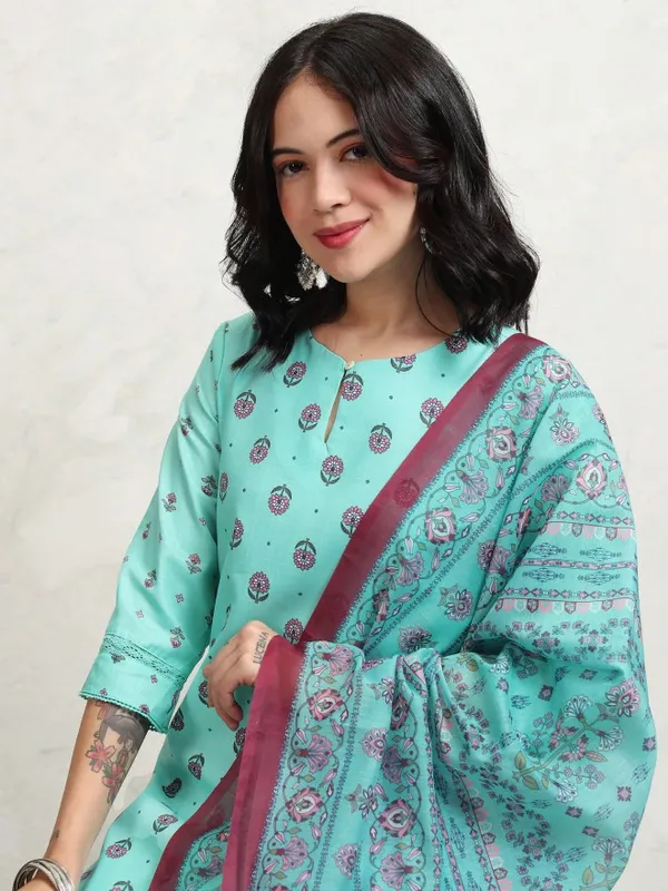 Ketch Women Blue Printed Kurta With Trousers And Dupatta