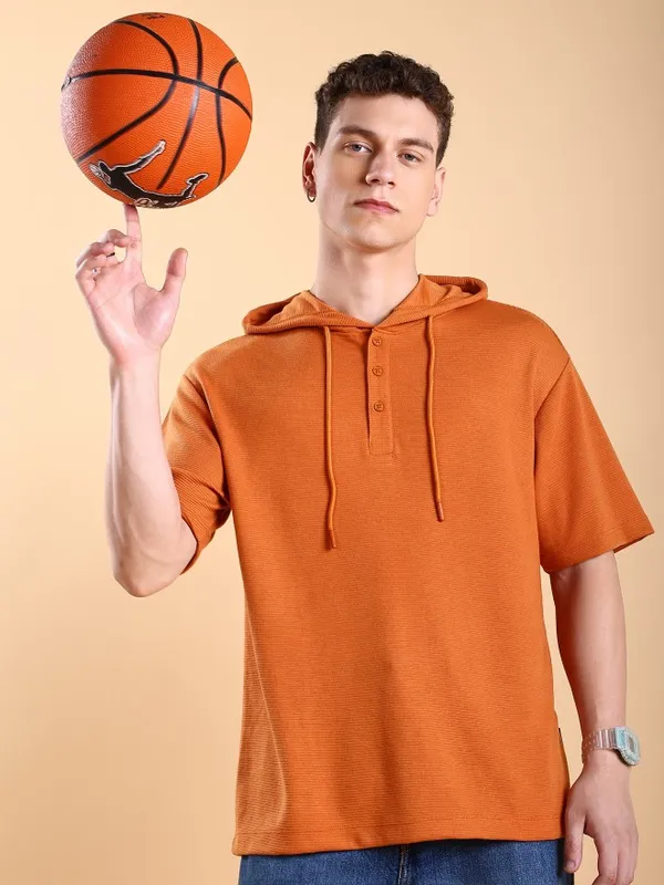 Ketch Men Rust Solid Oversized Fit T-Shirt